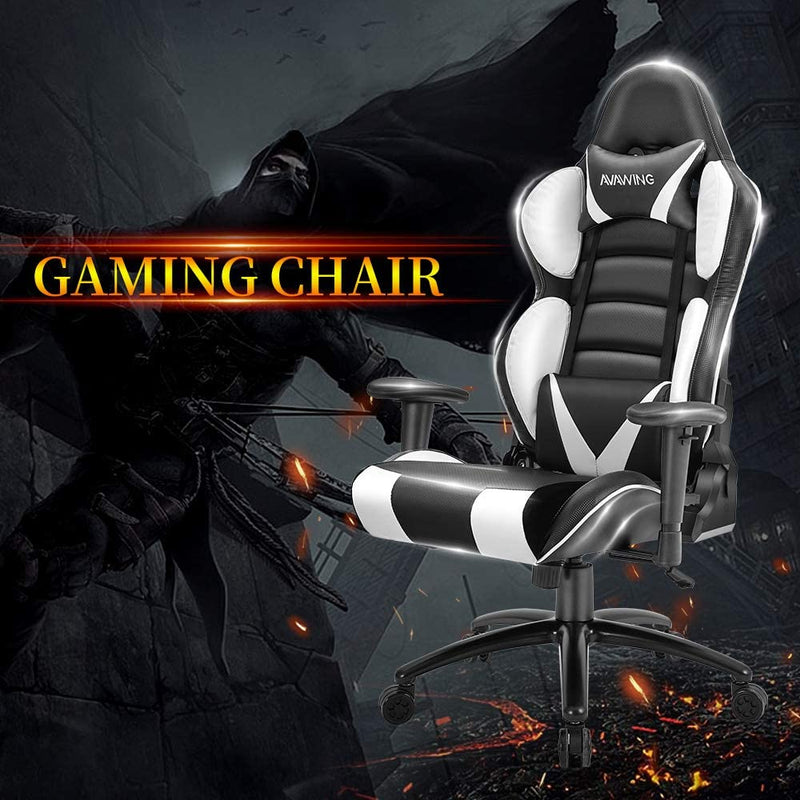 Homhum Ergonomic Reclining Gaming Chair, Leather Racing Chair with High Backrest and Adjustable Seat, E-Sports Chair with Lumbar Pillow, White