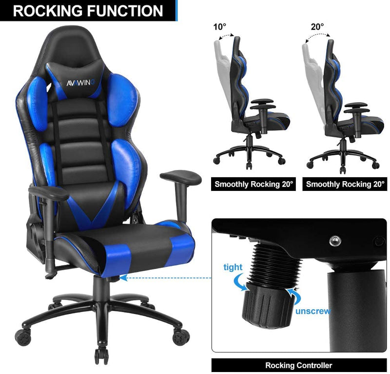 Ergonomic Reclining Gaming Chair, Leather Racing Chair with High Backrest and Adjustable Seat, E-Sports Chair with Lumbar Pillow, Blue
