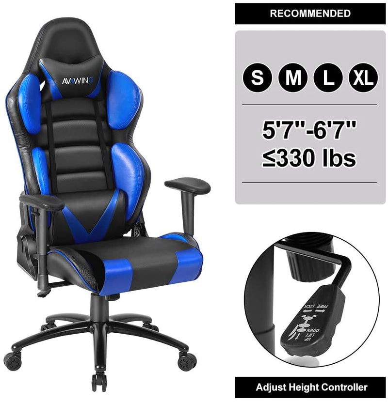 Ergonomic Reclining Gaming Chair, Leather Racing Chair with High Backrest and Adjustable Seat, E-Sports Chair with Lumbar Pillow, Blue