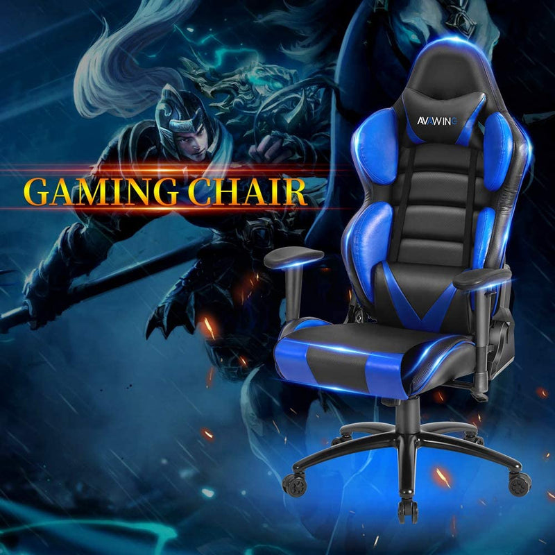 Ergonomic Reclining Gaming Chair, Leather Racing Chair with High Backrest and Adjustable Seat, E-Sports Chair with Lumbar Pillow, Blue
