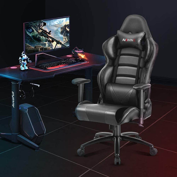 Homhum Ergonomic Reclining Gaming Chair, Leather Racing Chair with High Backrest and Adjustable Seat, E-Sports Chair with Lumbar Pillow, Black