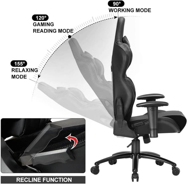 Homhum Ergonomic Reclining Gaming Chair, Leather Racing Chair with High Backrest and Adjustable Seat, E-Sports Chair with Lumbar Pillow, Black