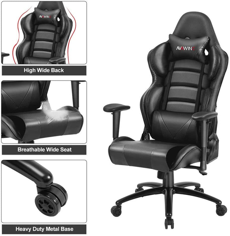 Homhum Ergonomic Reclining Gaming Chair, Leather Racing Chair with High Backrest and Adjustable Seat, E-Sports Chair with Lumbar Pillow, Black