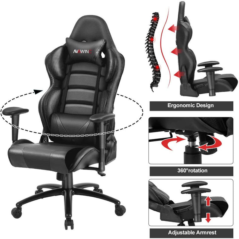 Homhum Ergonomic Reclining Gaming Chair, Leather Racing Chair with High Backrest and Adjustable Seat, E-Sports Chair with Lumbar Pillow, Black