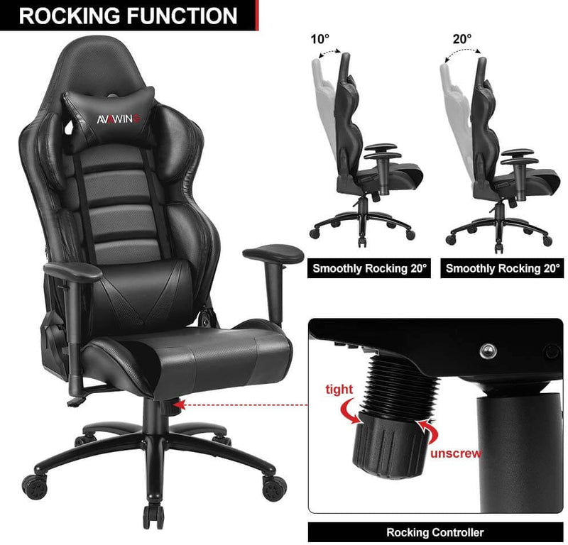 Homhum Ergonomic Reclining Gaming Chair, Leather Racing Chair with High Backrest and Adjustable Seat, E-Sports Chair with Lumbar Pillow, Black