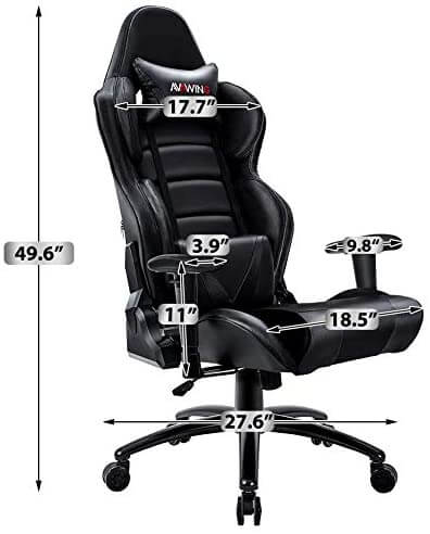 Homhum Ergonomic Reclining Gaming Chair, Leather Racing Chair with High Backrest and Adjustable Seat, E-Sports Chair with Lumbar Pillow, Black