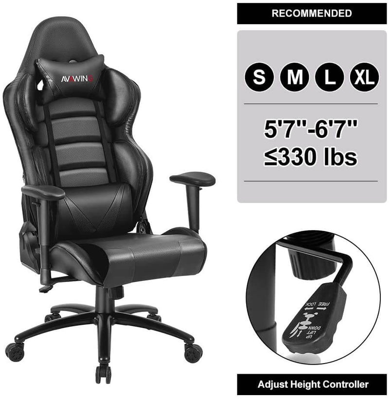 Homhum Ergonomic Reclining Gaming Chair, Leather Racing Chair with High Backrest and Adjustable Seat, E-Sports Chair with Lumbar Pillow, Black
