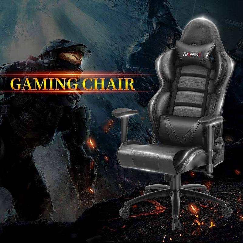Homhum Ergonomic Reclining Gaming Chair, Leather Racing Chair with High Backrest and Adjustable Seat, E-Sports Chair with Lumbar Pillow, Black