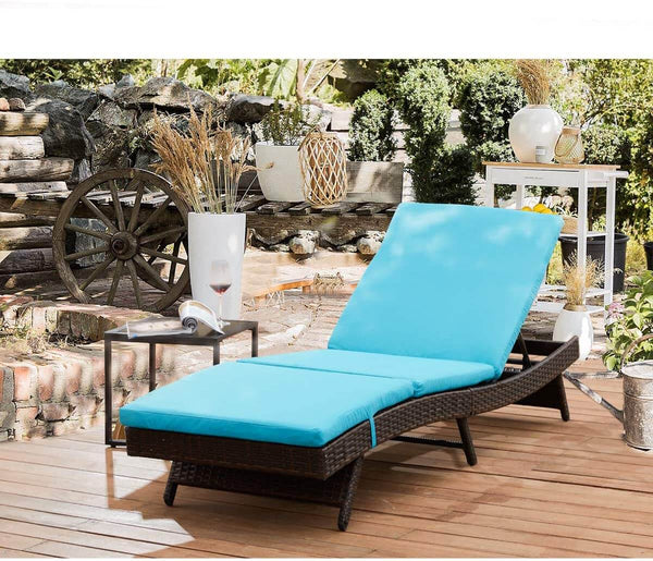 Patio Rattan Chaise Lounge Chairs 5 Position Adjustable Poolside Loungers w/ Blue Cushion