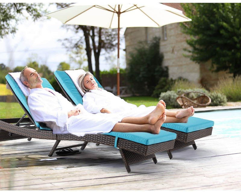 Patio Rattan Chaise Lounge Chairs 5 Position Adjustable Poolside Loungers w/ Blue Cushion