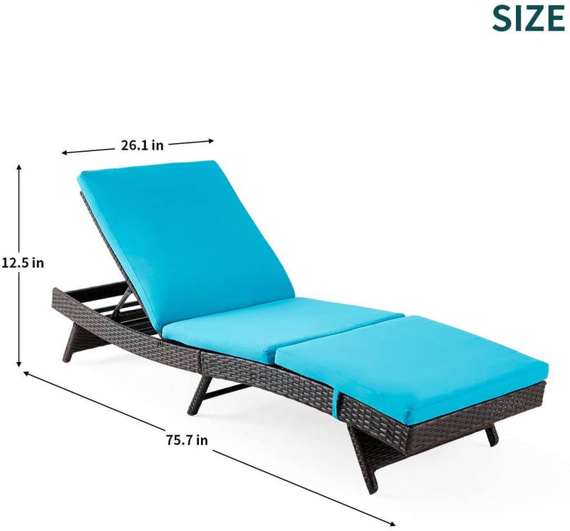 Patio Rattan Chaise Lounge Chairs 5 Position Adjustable Poolside Loungers w/ Blue Cushion