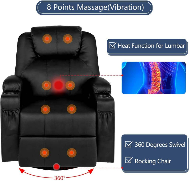 Massage Recliner PU Leather Ergonomic Lounge Heated Chair 360 Degree Swivel Recliner (Black)