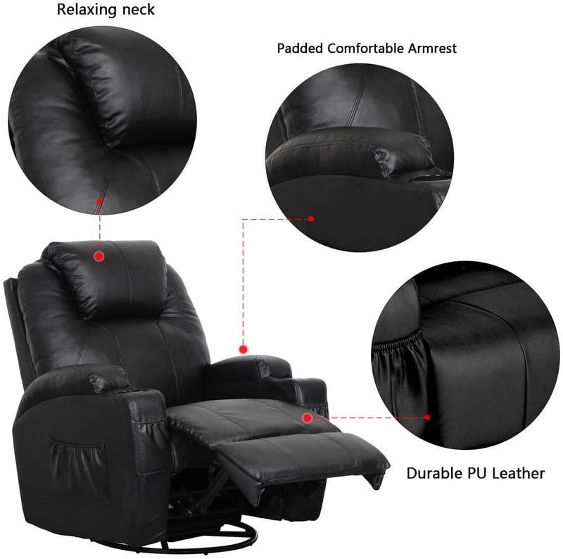 Massage Recliner PU Leather Ergonomic Lounge Heated Chair 360 Degree Swivel Recliner (Black)