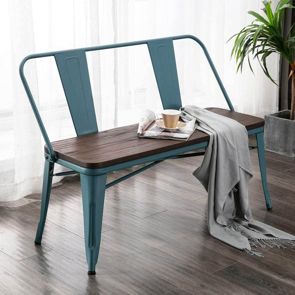 Homhum Metal Bench Industrial Mid-Century 2 Person Chair with Wood Seat, Dining Bench with Floor Protector, Blue