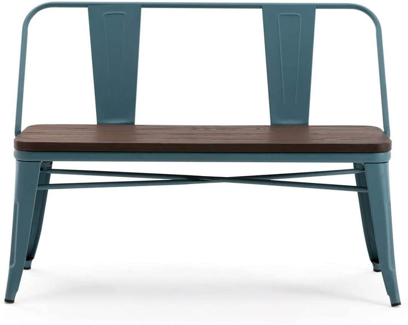Homhum Metal Bench Industrial Mid-Century 2 Person Chair with Wood Seat, Dining Bench with Floor Protector, Blue