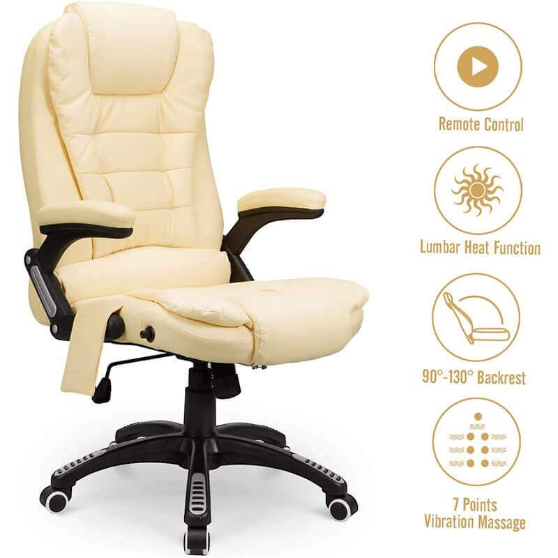 Ergonomic Office Chair High Back PU Leather Computer Chair Height  Adjustable Desk Chair Heated Massage Recliner Chair with Lumbar Support,  Cream