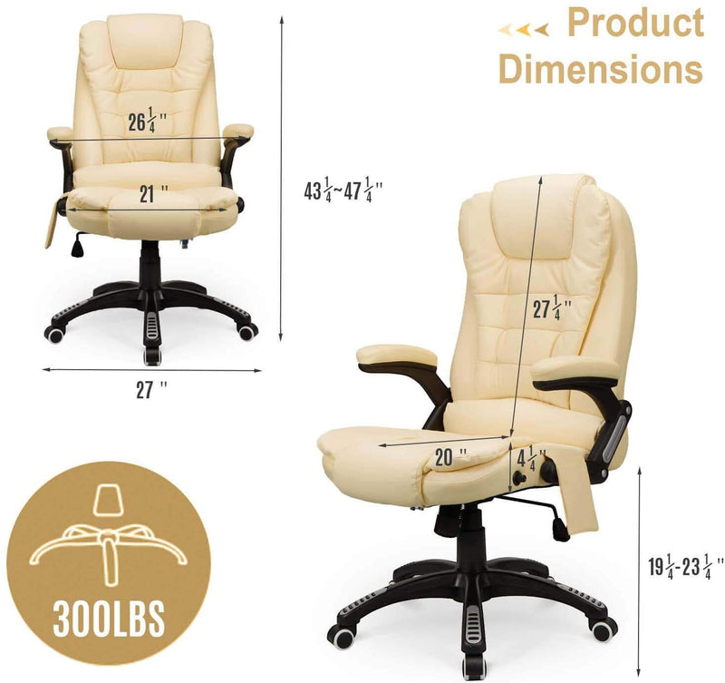 Ergonomic Office Chair High Back PU Leather Computer Chair Height Adjustable Desk Chair Heated Massage Recliner Chair with Lumbar Support, Cream