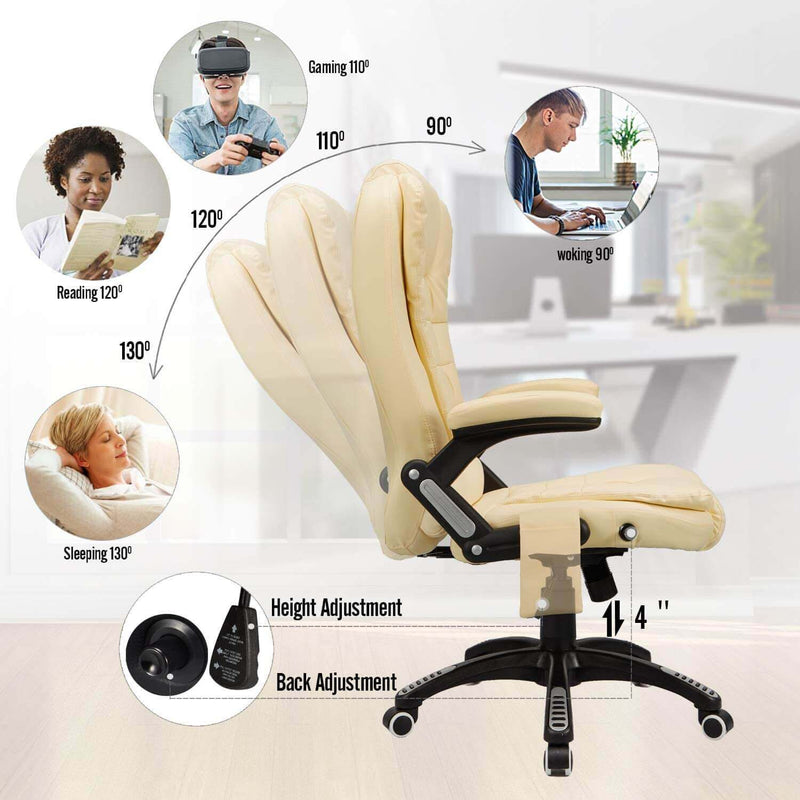 Ergonomic Office Chair High Back PU Leather Computer Chair Height Adjustable Desk Chair Heated Massage Recliner Chair with Lumbar Support, Cream