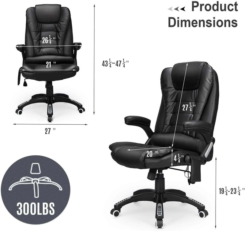 Ergonomic Office Chair High Back PU Leather Computer Chair Height Adjustable Desk Chair Heated Massage Recliner Chair with Lumbar Support, Black