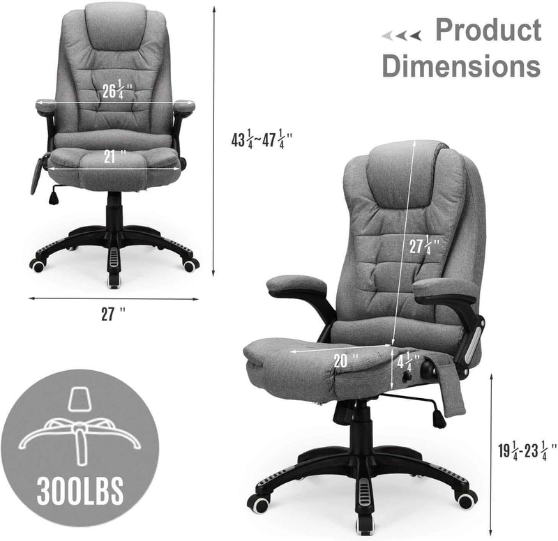 Ergonomic Office Chair with Heated Massage, High Back Fabric Computer Chair Height Adjustable, Desk Chair Recliner with Lumbar Support, Gray
