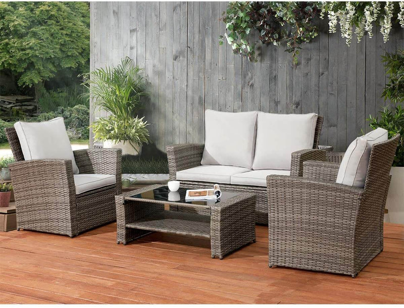 4 Pcs Patio Furniture Set Retro Wicker PE Rattan Sofa Chair Set with Tempered Glass Table Top, Cushion
