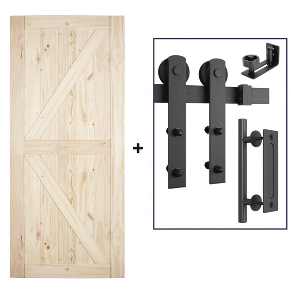 Sliding Barn Door Hardware Kit With Pine Wood Door 6 Ft I Shape (Whole Set)