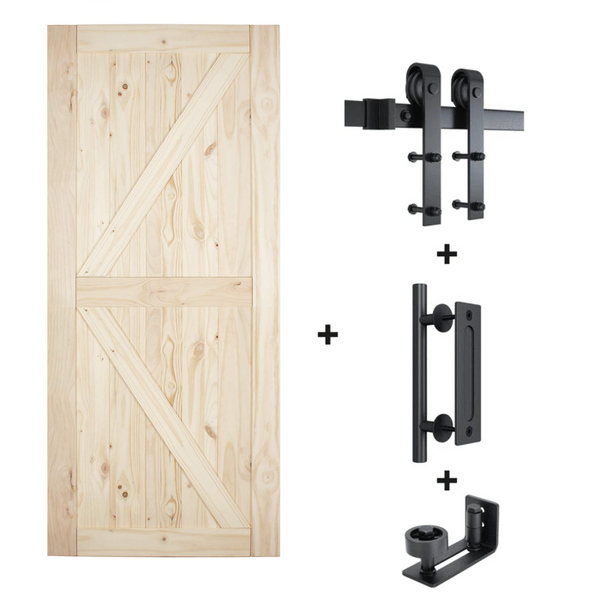 6.6 Ft J Shape Sliding Barn Door Hardware Kit With Pine Door (Whole Set)
