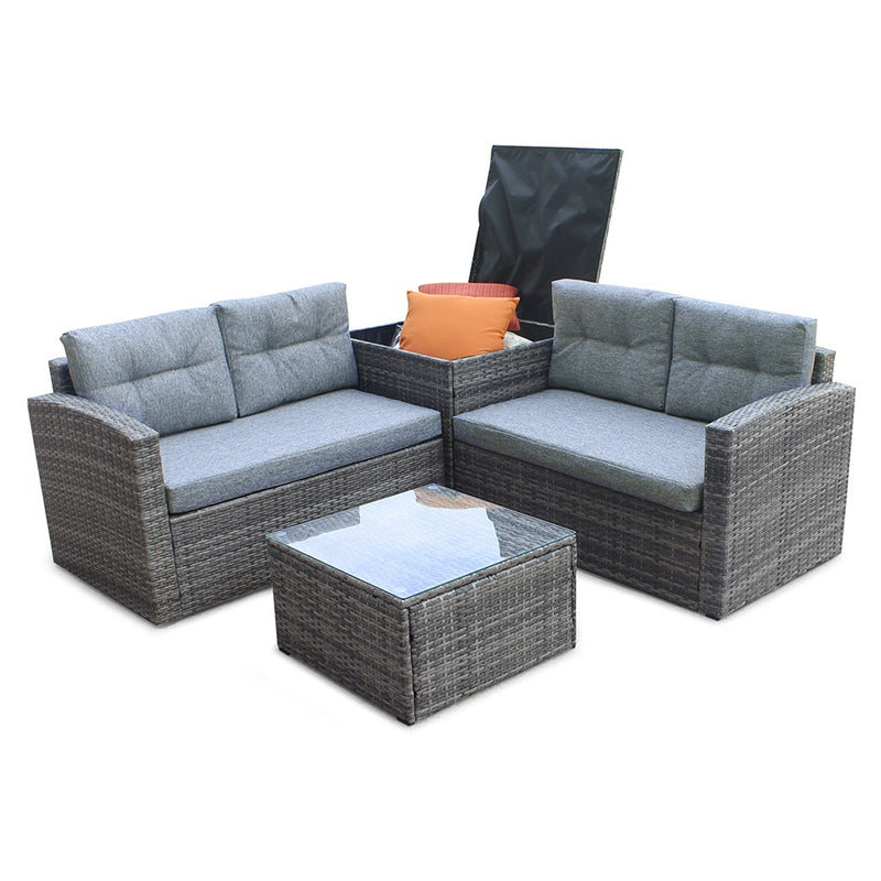 HomHum 4pcs All-Weather Wicker Outdoor Patio Rattan Sofa Outdoor Living Furniture Set With Small Coffee Table Loveseat Storage Box