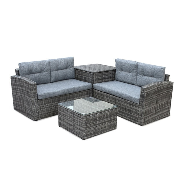 HomHum 4pcs All-Weather Wicker Outdoor Patio Rattan Sofa Outdoor Living Furniture Set With Small Coffee Table Loveseat Storage Box