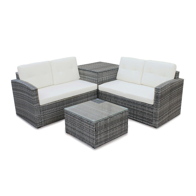 HomHum 4pcs All-Weather Wicker Outdoor Patio Rattan Sofa Outdoor Living Furniture Set With Small Coffee Table Loveseat Storage Box