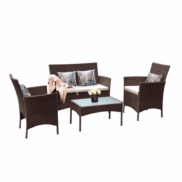 HomHum 4 PC Patio Rattan Wicker Chair Sofa Table Set Outdoor Garden Furniture Cushioned Outdoor Furniture HW52188