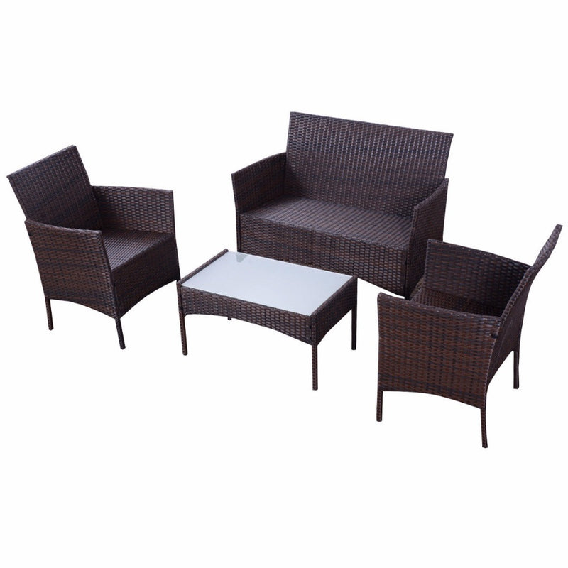 HomHum 4 PC Patio Rattan Wicker Chair Sofa Table Set Outdoor Garden Furniture Cushioned Outdoor Furniture HW52188