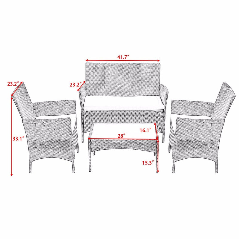 HomHum 4 PC Patio Rattan Wicker Chair Sofa Table Set Outdoor Garden Furniture Cushioned Outdoor Furniture HW52188