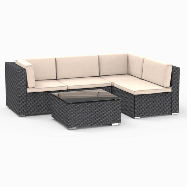 5 Pieces Black Outdoor Rattan Sectional Furniture Chair Set with Cushions and Tea Table