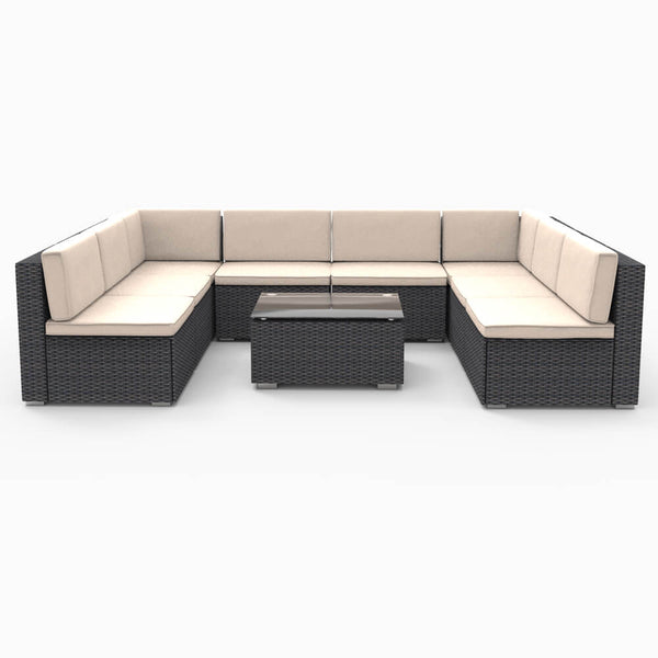 9 Pieces Patio PE Rattan Wicker Sofa Set Outdoor Sectional Furniture Conversation Chairs Set with Cushions and Tea Table Black