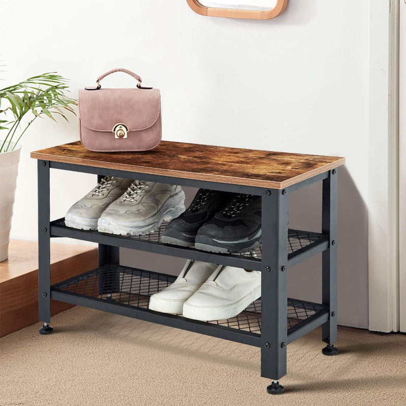 Homhum Shoe Bench, 3-Tier Shoe Rack, Storage Shelves with Seat, for Entryway, Steel Frame, Industrial Design, Rustic Brown and Black