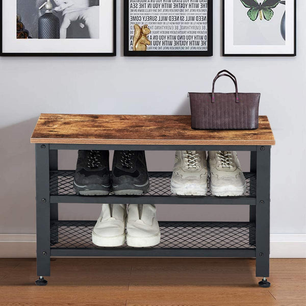 Homhum Shoe Bench, 3-Tier Shoe Rack, Storage Shelves with Seat, for Entryway, Steel Frame, Industrial Design, Rustic Brown and Black