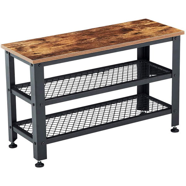 Homhum Shoe Bench, 3-Tier Shoe Rack, Storage Shelves with Seat, for Entryway, Steel Frame, Industrial Design, Rustic Brown and Black