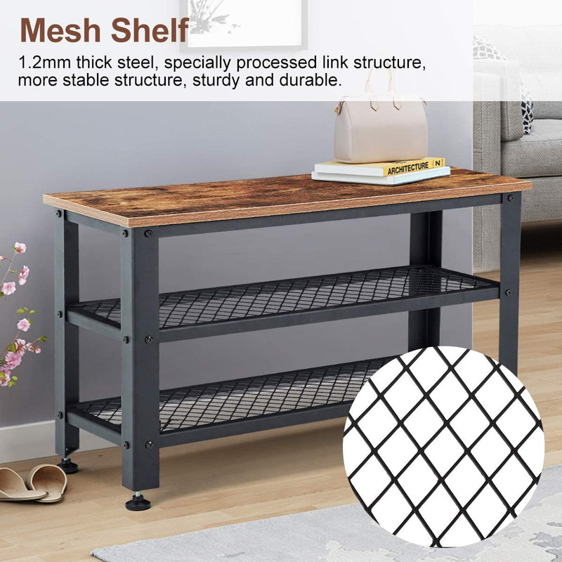 Homhum Shoe Bench, 3-Tier Shoe Rack, Storage Shelves with Seat, for Entryway, Steel Frame, Industrial Design, Rustic Brown and Black