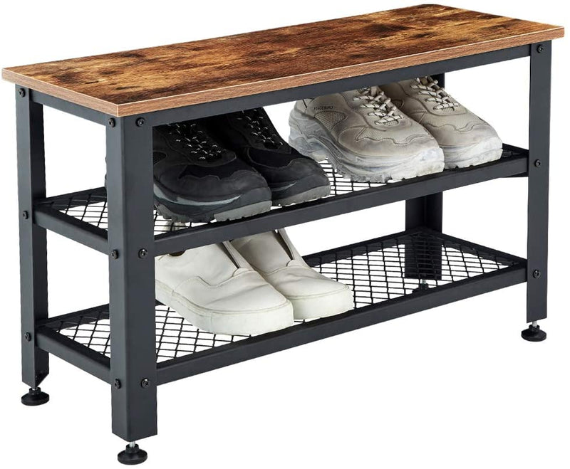 Homhum Shoe Bench, 3-Tier Shoe Rack, Storage Shelves with Seat, for Entryway, Steel Frame, Industrial Design, Rustic Brown and Black