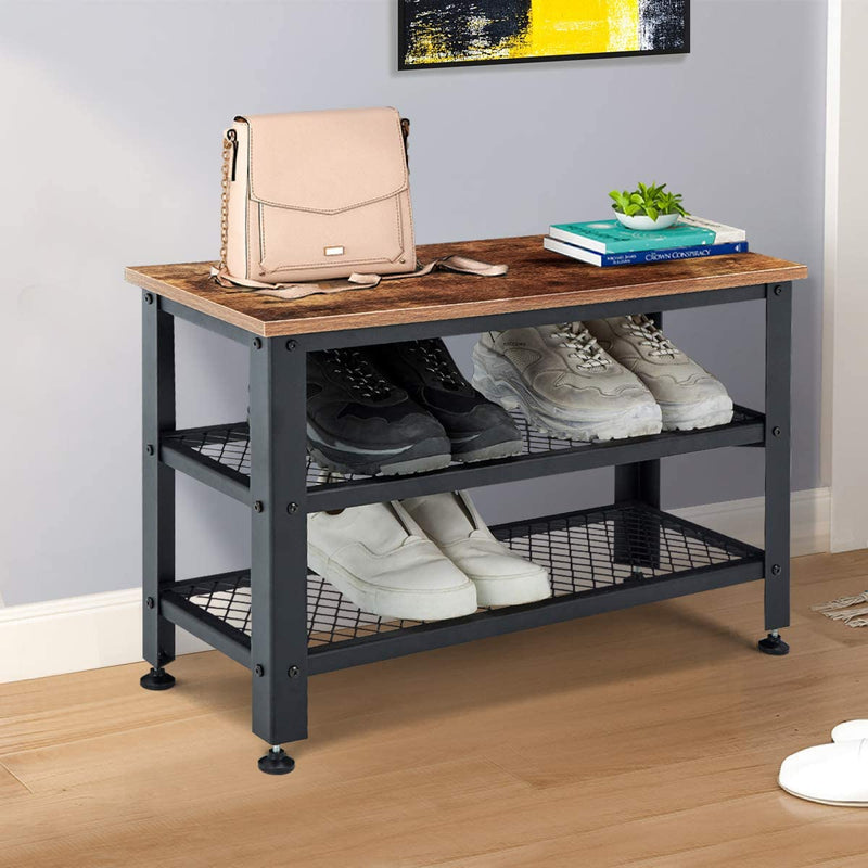 Homhum Shoe Bench, 3-Tier Shoe Rack, Storage Shelves with Seat, for Entryway, Steel Frame, Industrial Design, Rustic Brown and Black