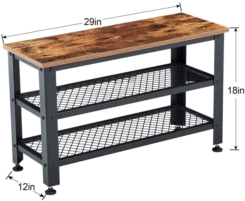 Homhum Shoe Bench, 3-Tier Shoe Rack, Storage Shelves with Seat, for Entryway, Steel Frame, Industrial Design, Rustic Brown and Black