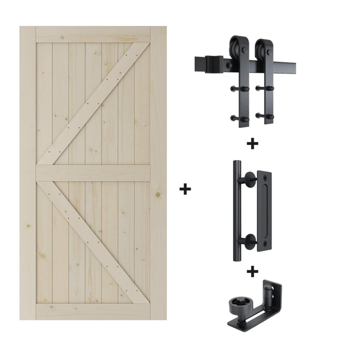 6.6 Ft Classic Sturdy Sliding Barn Door Hardware Kit With Spruce Door (Whole Set, J Shape)