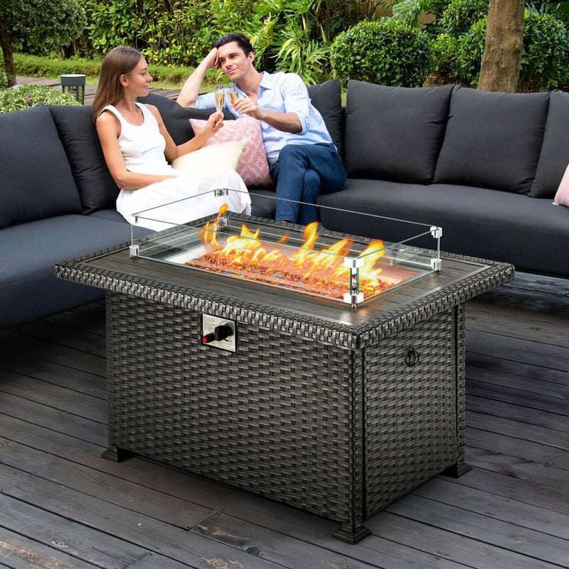 44" Propane Gas Fire Pit Table 50000 BTU Auto-Ignition with Windguard, Glass Stone, Black